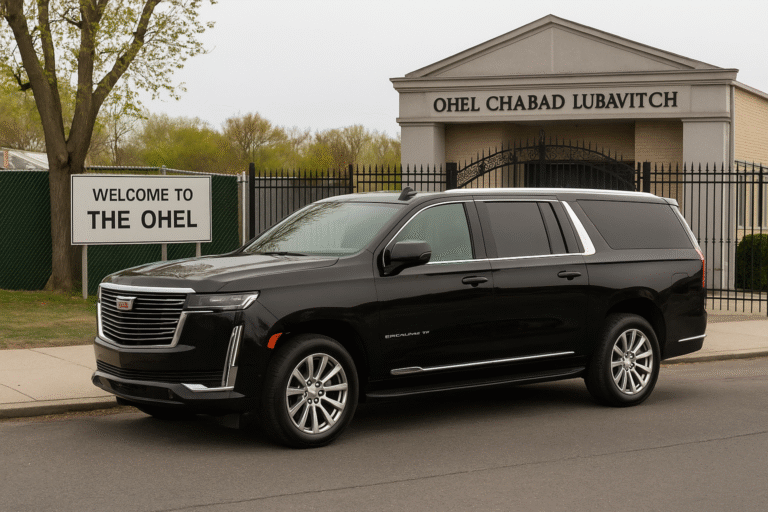 Luxury car parked outside Ohel Chabad Lubavitch in Queens, NYC, ready for premium chauffeur service by Gotham Ride