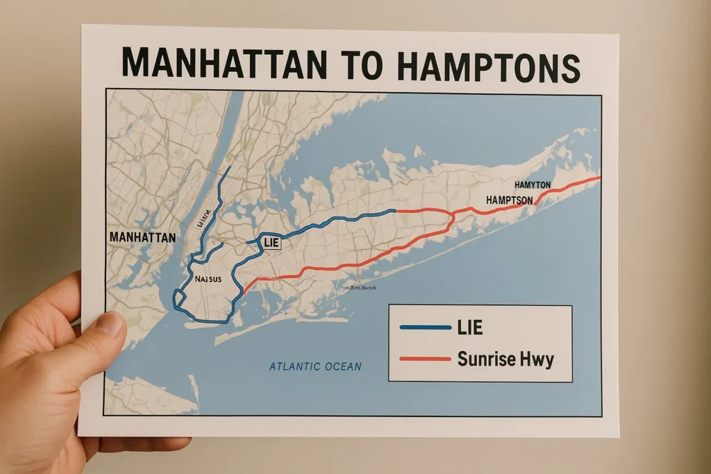 Manhattan to Hamptons route map showing LIE and Sunrise Highway options