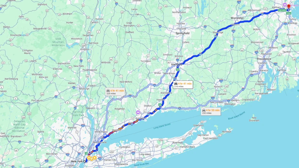 NYC to Boston limousine route map