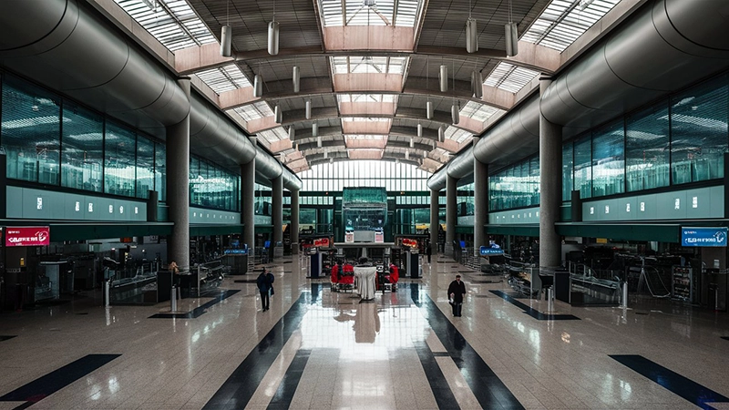 LaGuardia Airport modern terminal interior with restaurants and seating areas