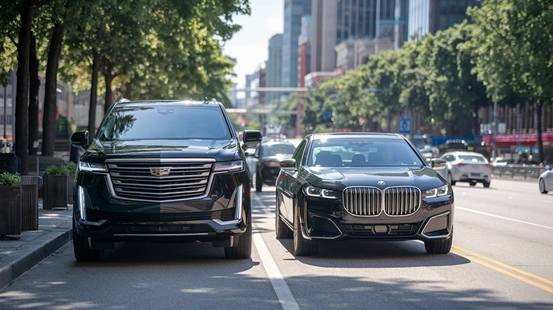 Photo of a 2025 black Cadillac Escalade ESV and 2025 BMW 760IX