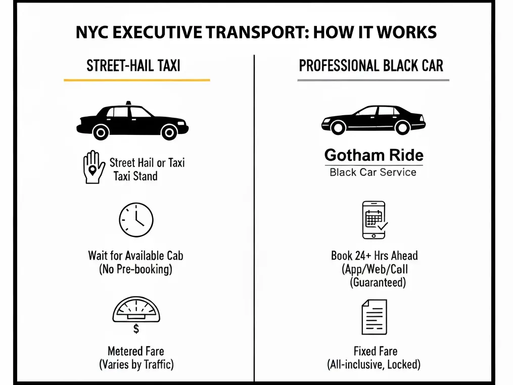 Infographic comparing NYC black car service certainty (fixed rate, pre-booked) versus street-hail taxi uncertainty (metered fare, variable availability).