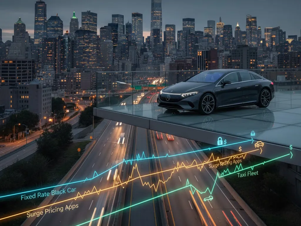 A visual synthesis comparing premium ground transportation options in NYC: a guaranteed black car service chauffeur stands ready, contrasted against the risk of 'No Cars Available' on a rideshare app, representing the complete picture of reliability for executive travelers.
