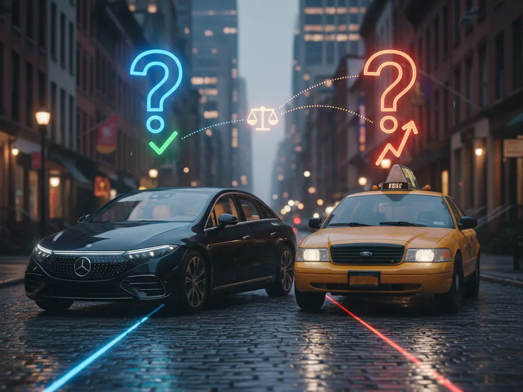 Visual summary for the Black Car Service vs Taxi NYC FAQ: a reliable chauffeur standing ready next to a luxury black car, illustrating the guaranteed service, contrasted with a depiction of taxi/rideshare uncertainty.