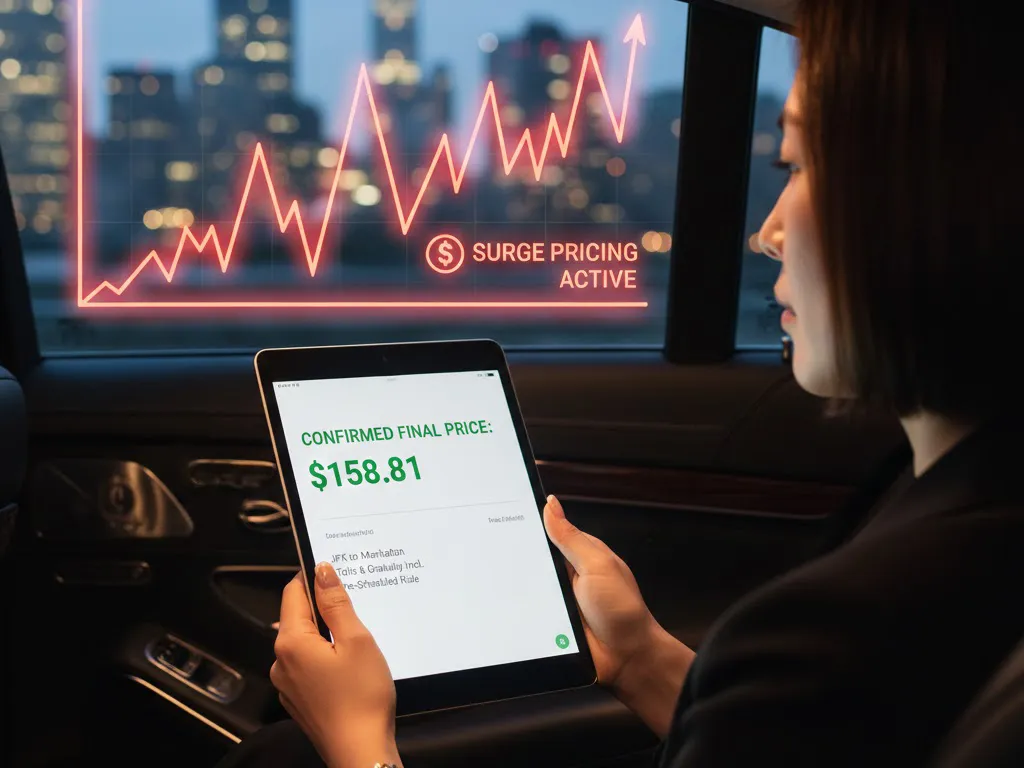 A clear, fixed rate displayed on a professional transportation booking confirmation screen, contrasting with a blurry background representing the unpredictable surge pricing model of NYC rideshare services.