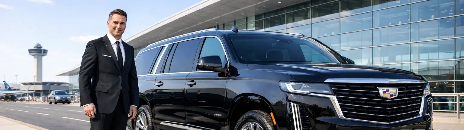 Black SUV and chauffeur at JFK Airport