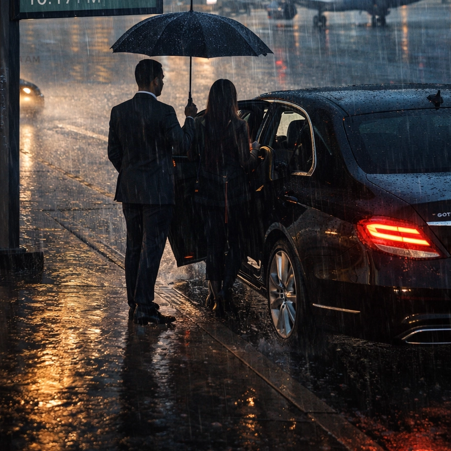 Newark Airport Car Service pickup during thunderstorm