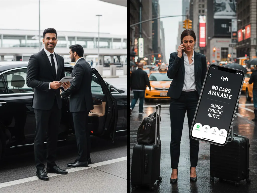 Side-by-side comparison of Gotham Ride professional black car service (chauffeur waiting with luggage) versus a frustrated executive looking at a "No Cars Available" message on the Lyft app at a busy NYC airport curb, highlighting guaranteed availability versus surge pricing uncertainty.