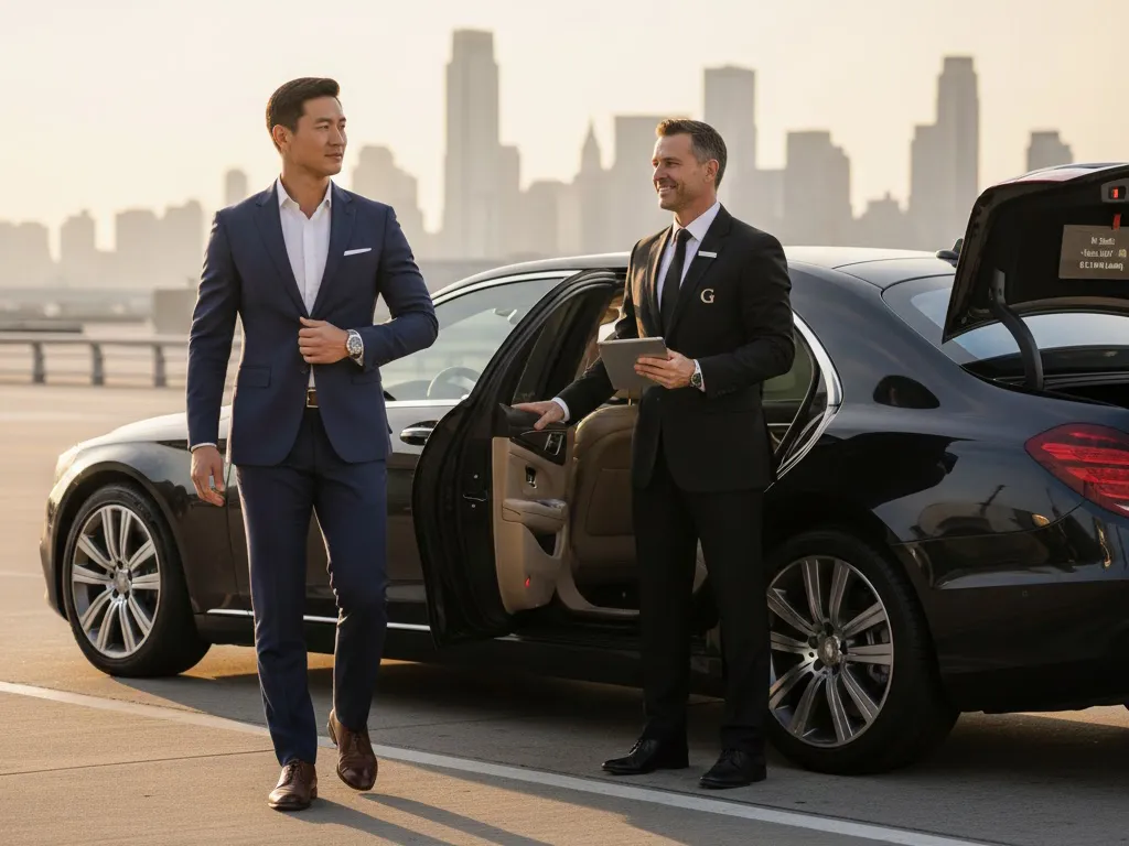 A professional Gotham Ride chauffeur in a black suit waits by a luxury sedan at an airport curb, illustrating the pre-scheduled reliability and guaranteed pickup of professional black car service.