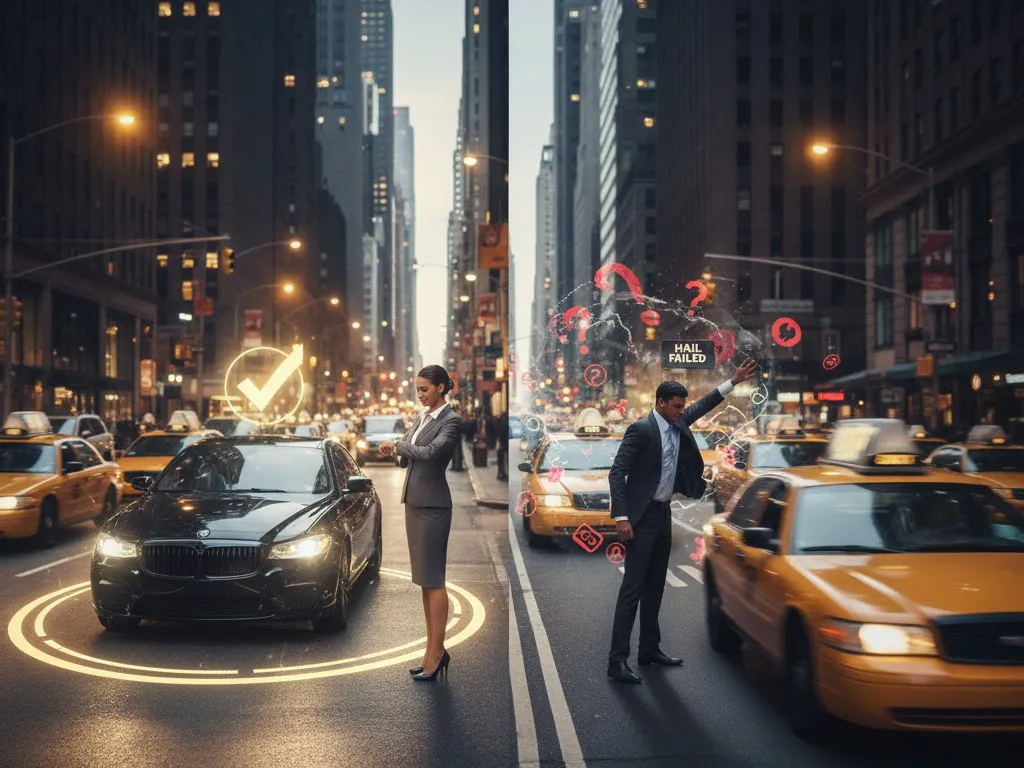 A symbolic image contrasting transportation reliability: a single black luxury car perfectly centered in a reserved lane, next to a blurry, empty street curb where a clock face fades into the background, representing guaranteed pickup versus unpredictable street availability.