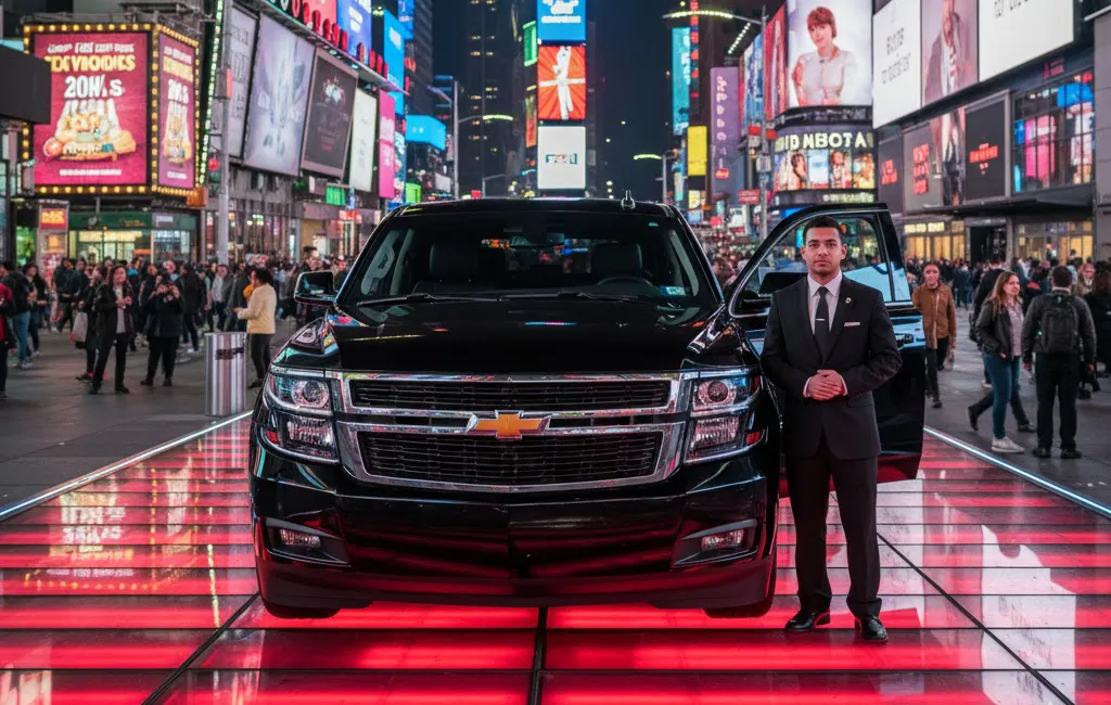 Chevrolet Suburban parked on glowing TKTS red steps in Times Square, chauffeur waiting beside open door