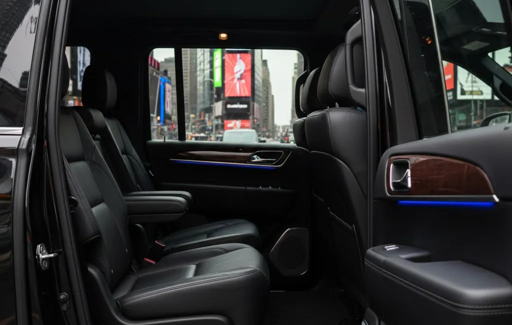 Black luxury SUV interior with leather seats facing Times Square neon lights, Gotham Ride LGA to Times Square transfer