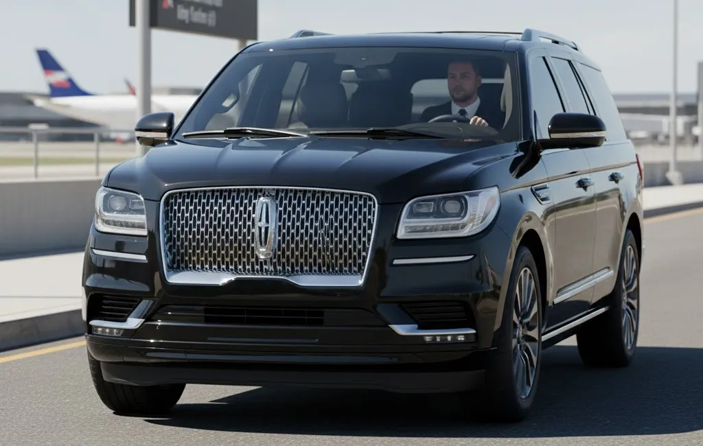 Black Lincoln Navigator at LaGuardia Airport arrivals, chauffeur in black suit opening door for Gotham Ride guests