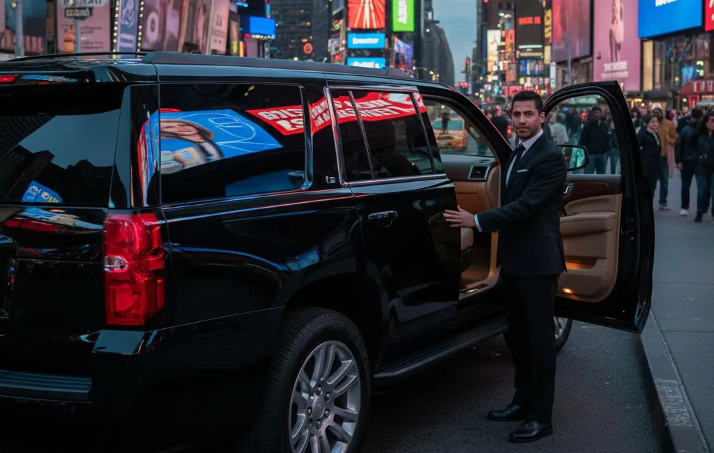 Black Lincoln Continental with chauffeur navigating to Times Square, best private transfer from LaGuardia Airport