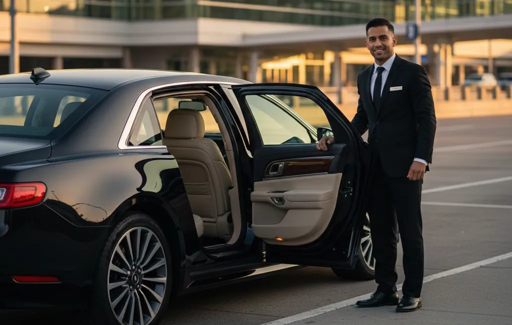 Best Way from LaGuardia to Times Square: Black Lincoln Continental sedan at LaGuardia pickup with chauffeur in black suit, Gotham Ride LGA to Manhattan service