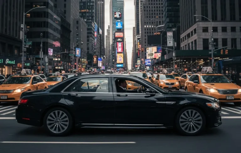 Black Lincoln Continental sedan at LaGuardia pickup with chauffeur in black suit, Gotham Ride LGA to Manhattan service