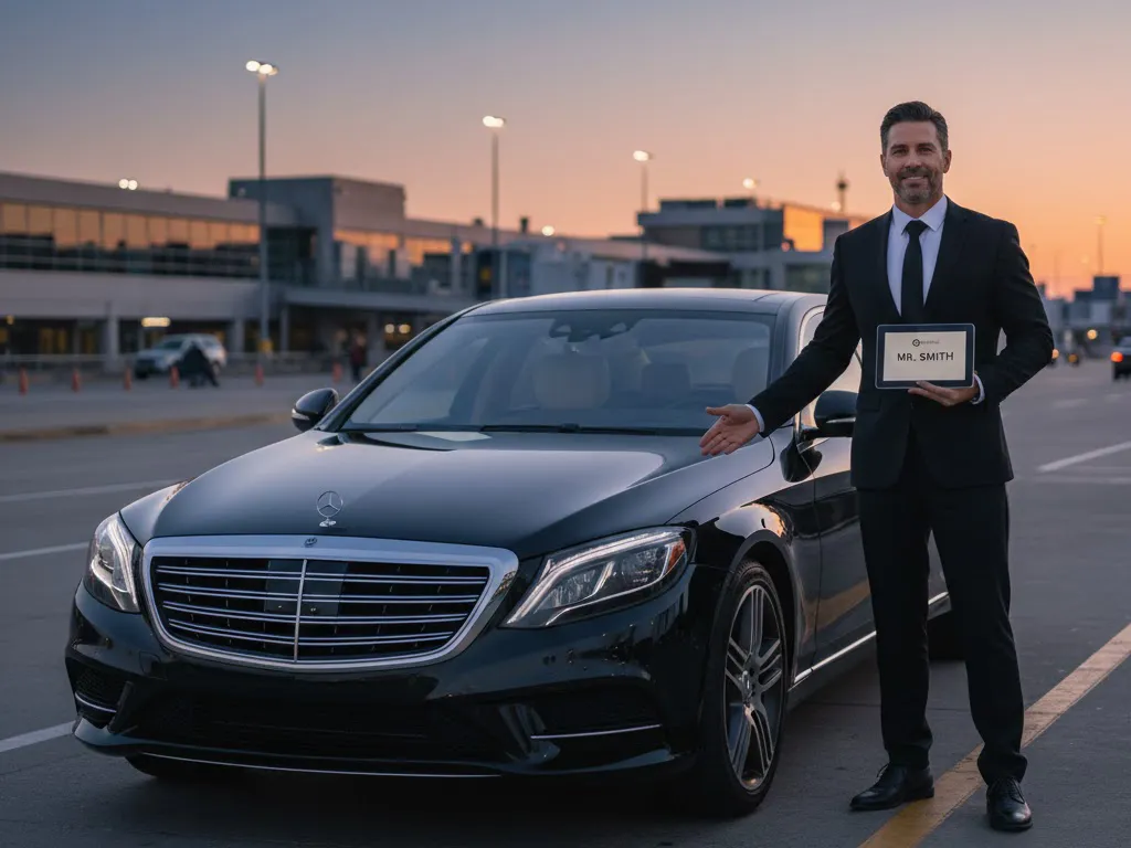 A professional, TLC-licensed chauffeur in a black suit holds the door open to a luxury sedan at the airport curb, illustrating the guaranteed, pre-scheduled pickup and flight-tracked service provided by Gotham Ride.
