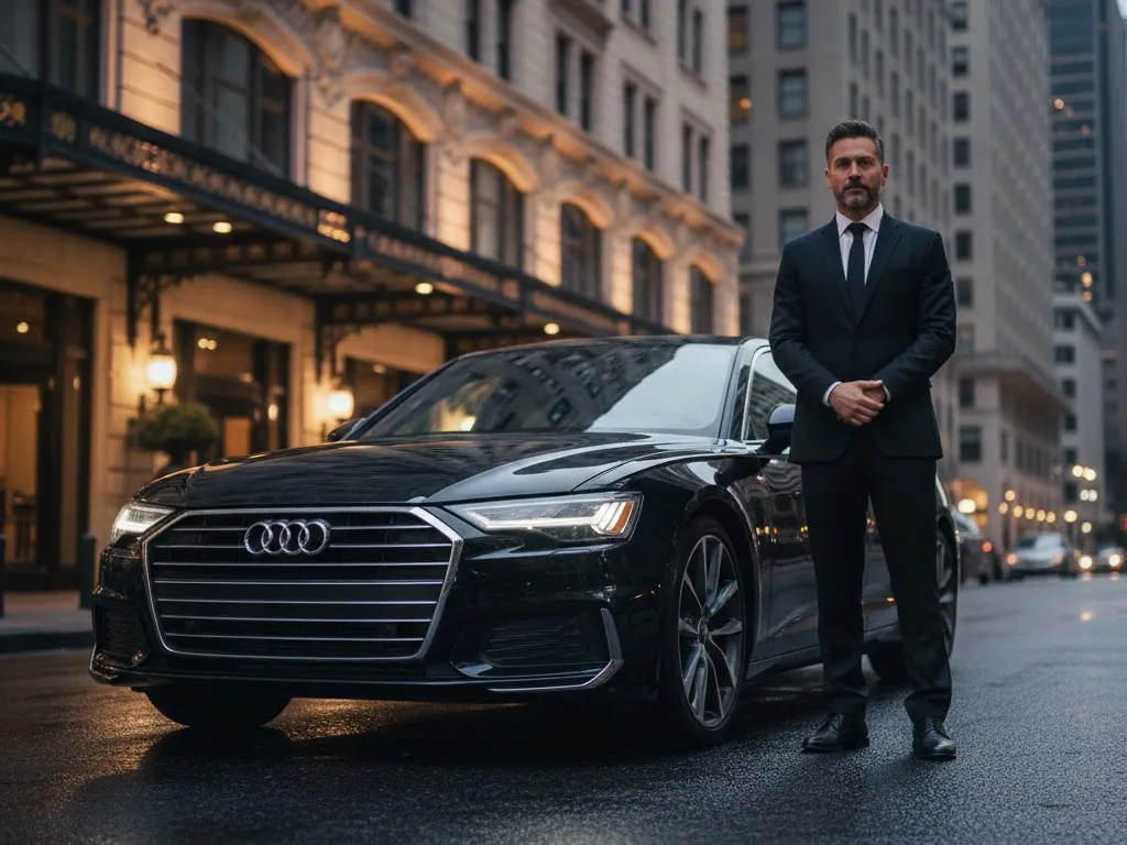 Professional TLC-licensed chauffeur in business attire