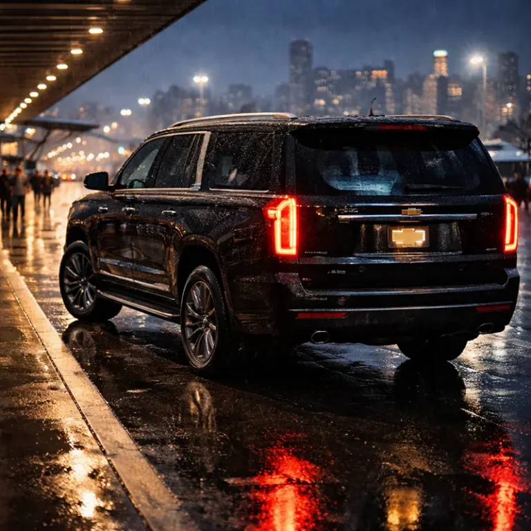 JFK to Manhattan Private Car Service – Black 2023 Chevrolet Suburban RST waiting at an airport pickup area on a rainy New York night.