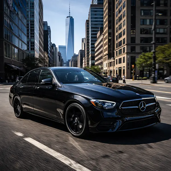 Black Mercedes-Benz E350 driving through the streets of Lower Manhattan with the Freedom Tower in the background.