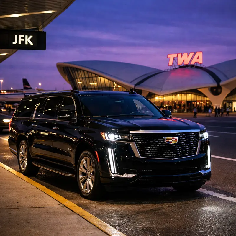 A black 2023 Cadillac Escalade ESV parked at JFK Airport terminal at sunset.