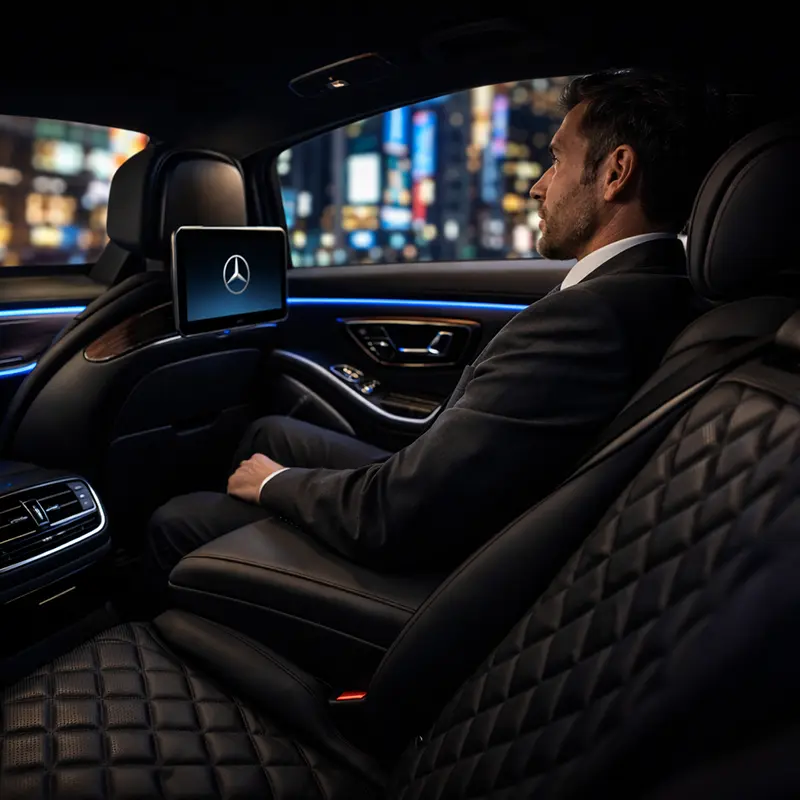 Luxury black leather interior of a 2023 Mercedes-Benz S580 featuring a passenger traveling through New York City.