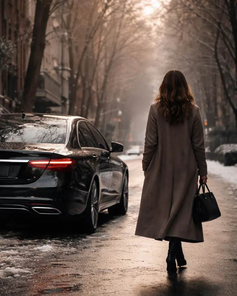 NYFW 2026 car service - black sedan on Manhattan street during Fashion Week