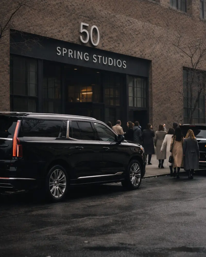 Spring Studios Tribeca entrance during New York Fashion Week with black cars lined up