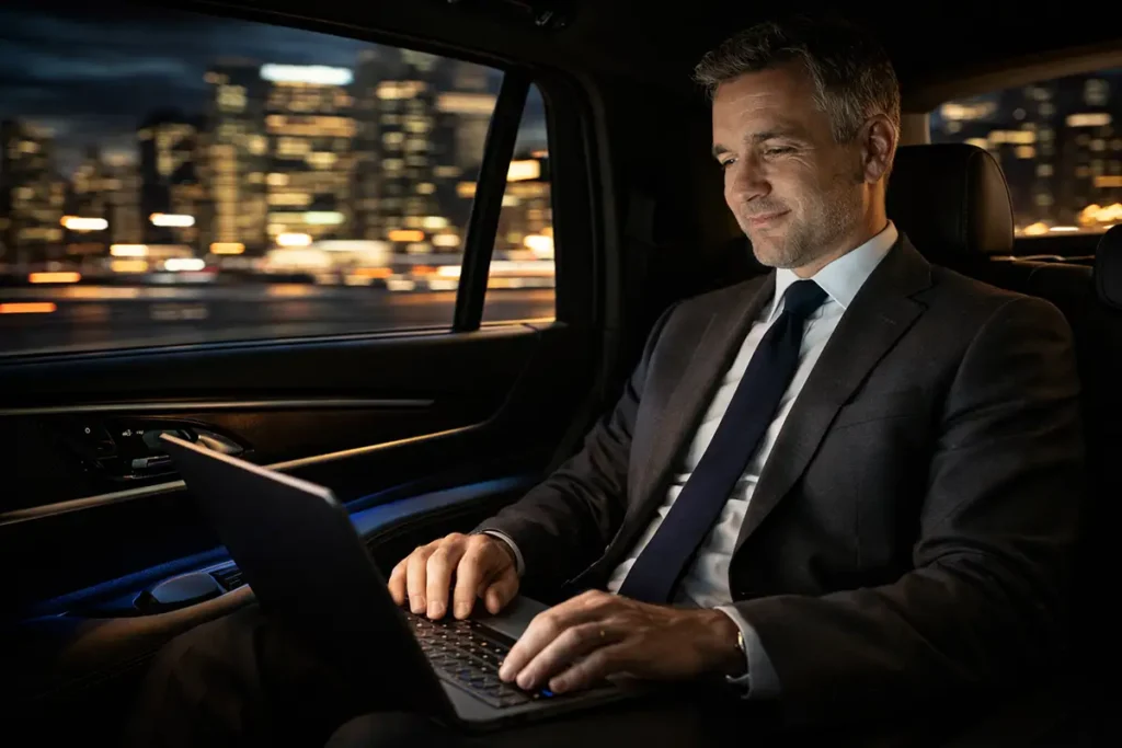 A business professional working on a laptop in the back of a private car service from Newark to Manhattan.