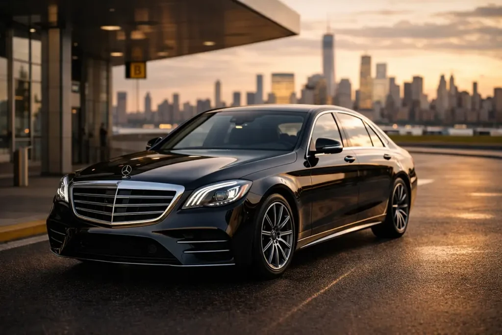 2023 black Mercedes-Benz S560 luxury chauffeur car for Newark Airport to Manhattan airport transfer