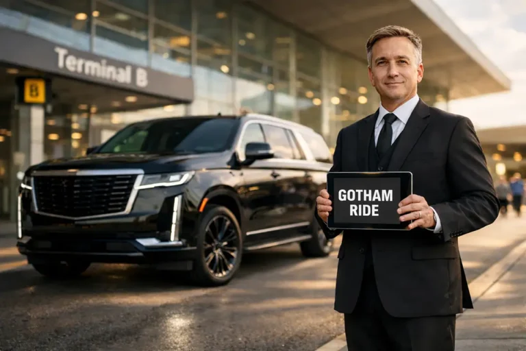 Professional chauffeur in a black suit holding a Gotham Ride tablet sign in front of a luxury black SUV at Newark Airport Terminal B.