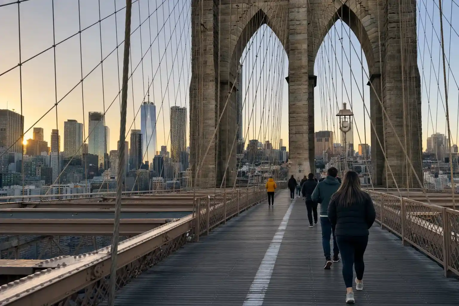 Walking the Brooklyn Bridge pedestrian walkway toward the Manhattan skyline