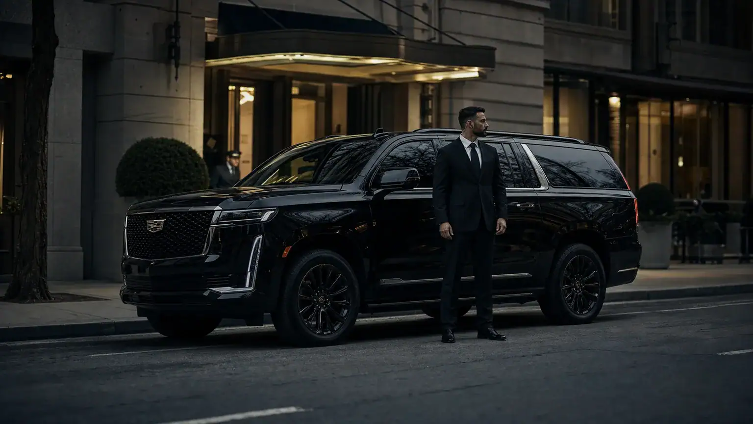 Executive protection transport arriving at a Manhattan building with a protection agent