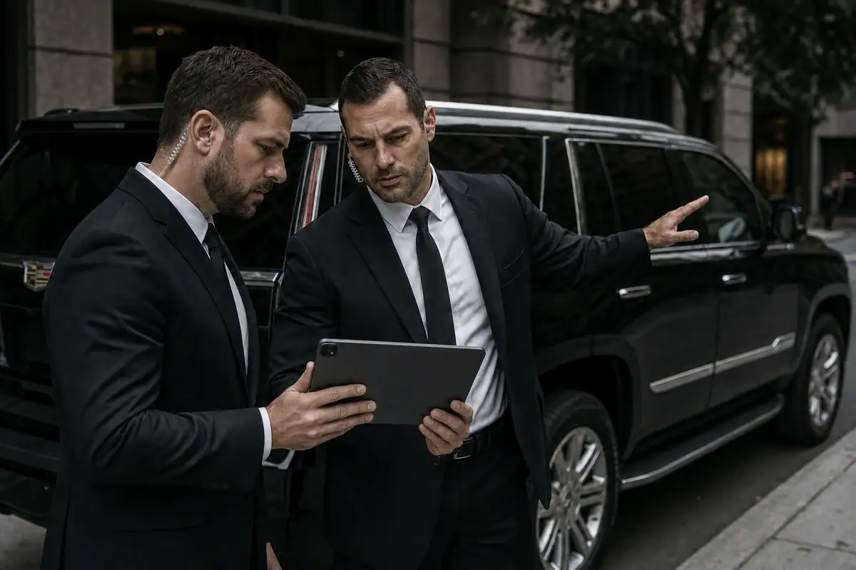 Executive protection team planning an advance and secure route in NYC