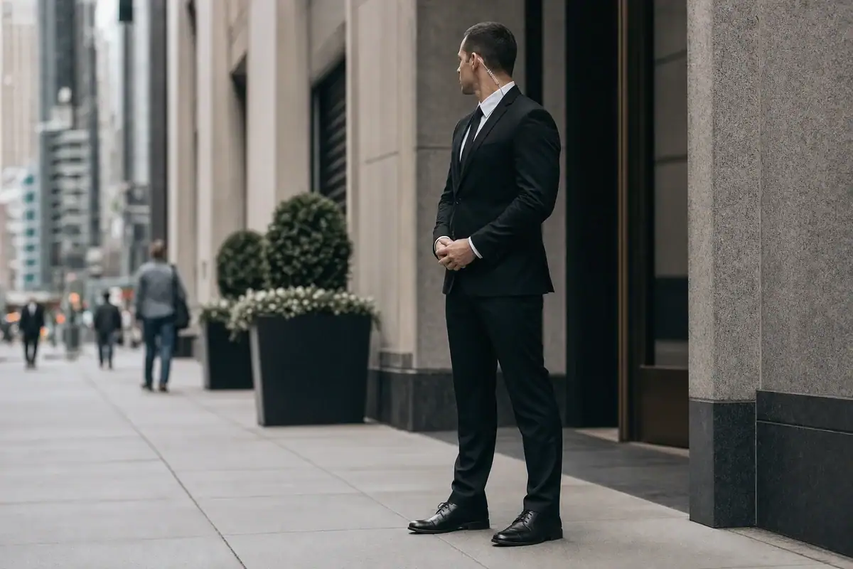 Trained executive protection agent in a black suit with an earpiece in New York