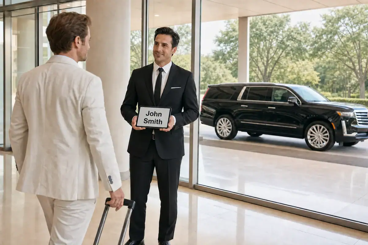 Chauffeur with a name sign meeting a traveler at the airport for a Hamptons transfer