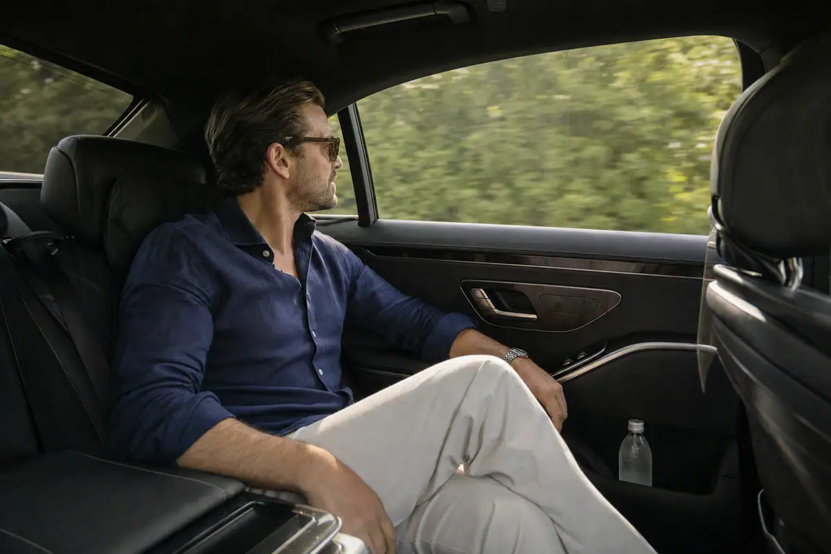 Relaxed passenger in the leather cabin of a luxury car on the way to the Hamptons