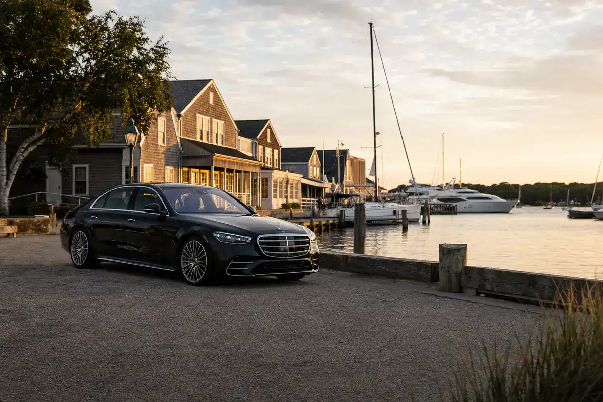 NYC to the Hamptons Car Service 10 Car service to Sag Harbor, New York, black sedan by the marina