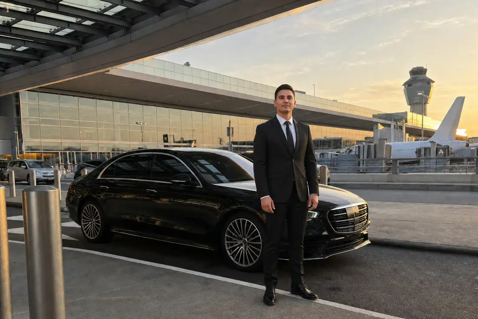 10 Things to Know Before Flying Into JFK Airport (2026) 1 Black Mercedes-Benz S-Class at a JFK Airport terminal curb at golden hour