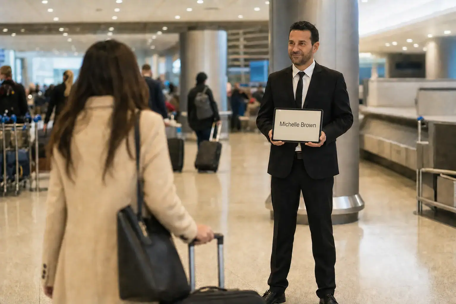 10 Things to Know Before Flying Into JFK Airport (2026) 5 Chauffeur in a black suit meeting an arriving traveler at a JFK arrivals hall