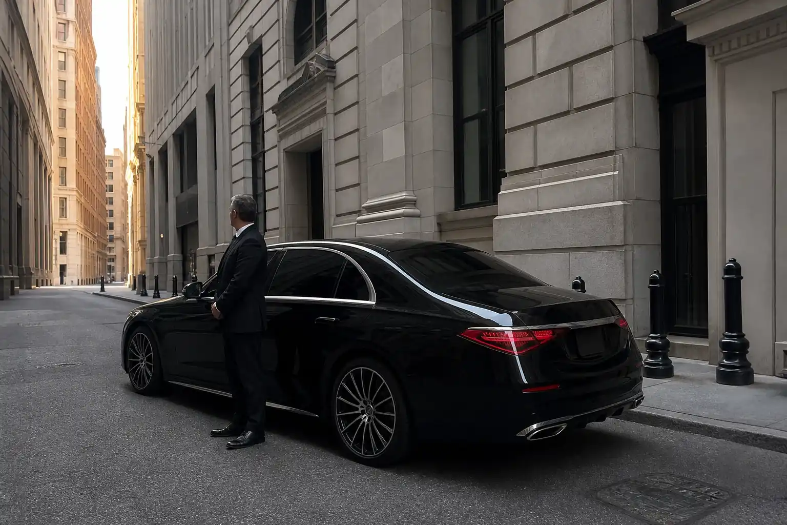 Black chauffeur car for Lower Manhattan car service on a Financial District street