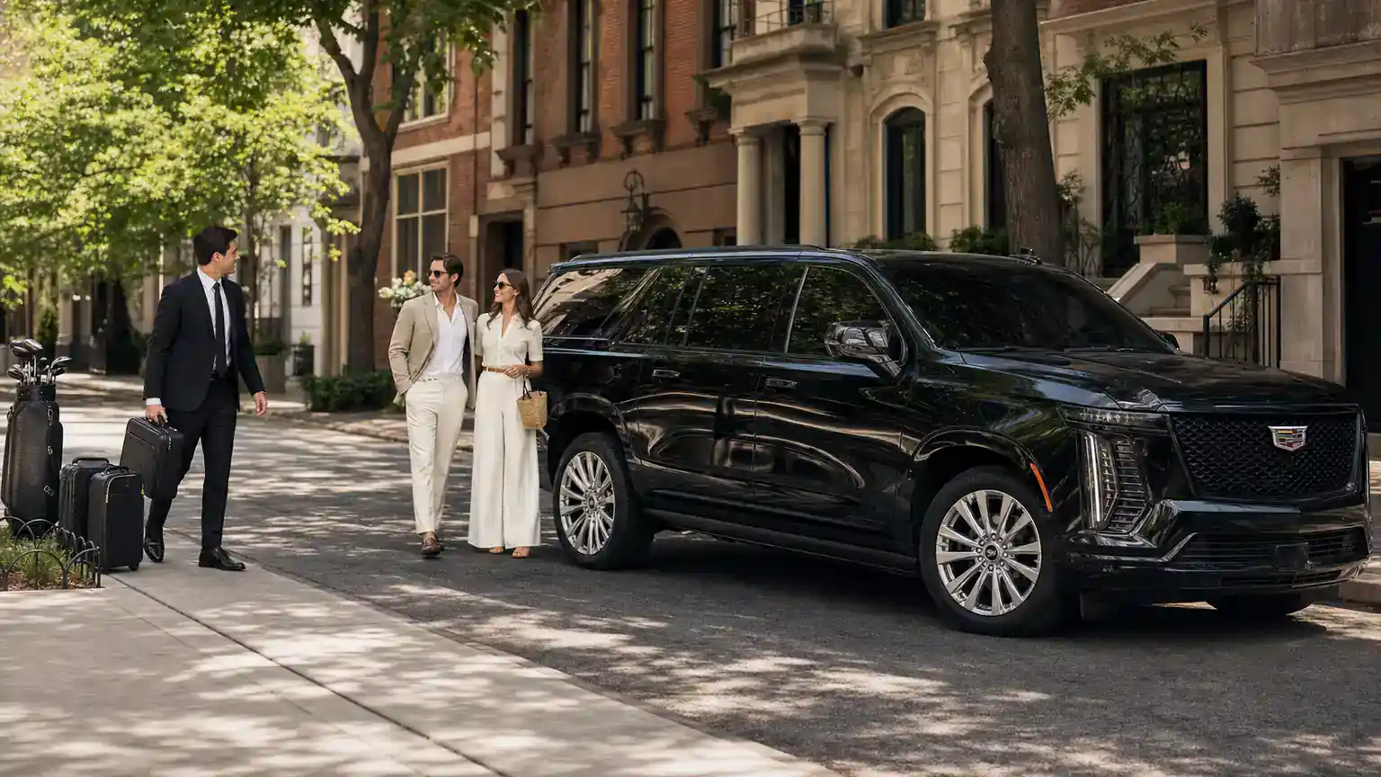 NYC to the Hamptons Car Service 2 Chauffeur loading luggage into a black SUV outside a Manhattan townhouse for a Hamptons trip