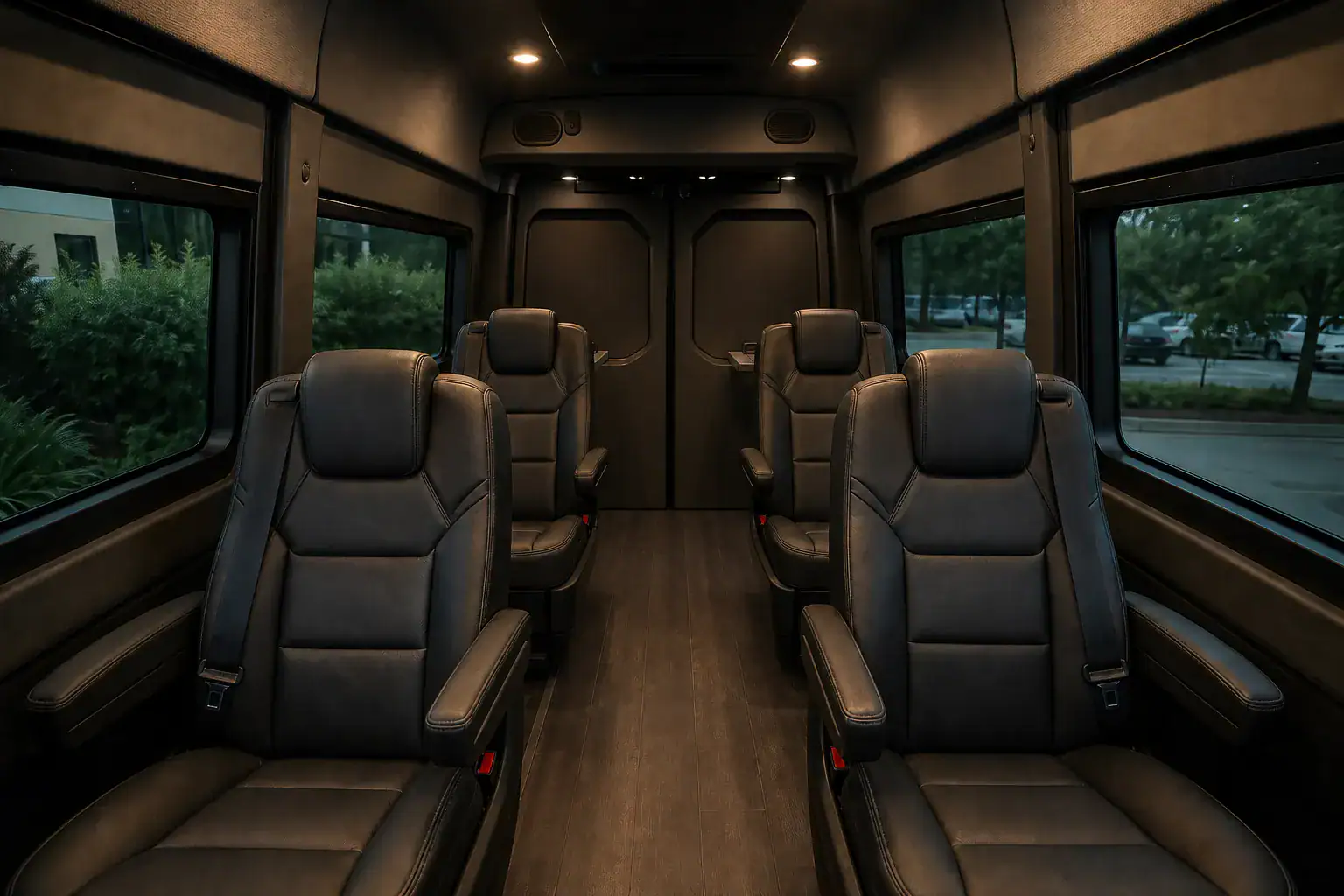 Interior of a Mercedes Sprinter van with executive seating and luggage space