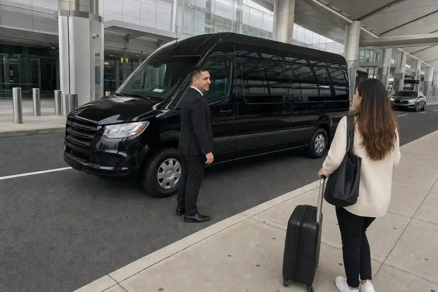 Sprinter van service NYC picking up at a Newark airport terminal