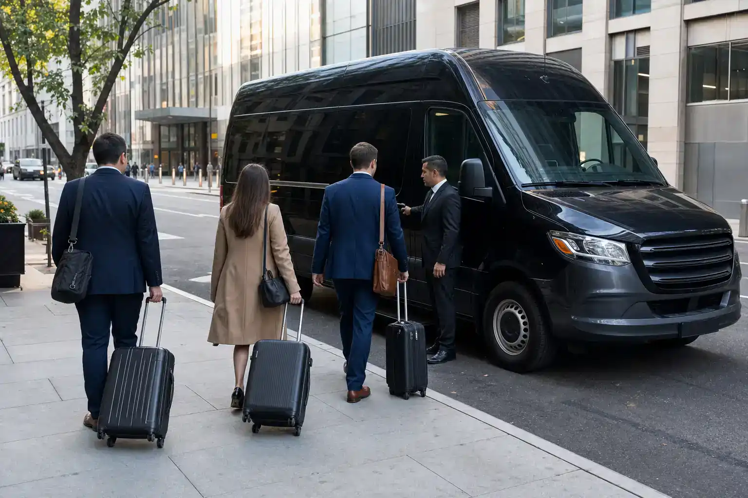 Corporate group boarding a Mercedes Sprinter van in NYC