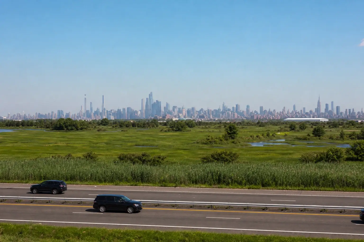 View of the Manhattan skyline from the New Jersey side, about 12 miles from Teterboro Airport