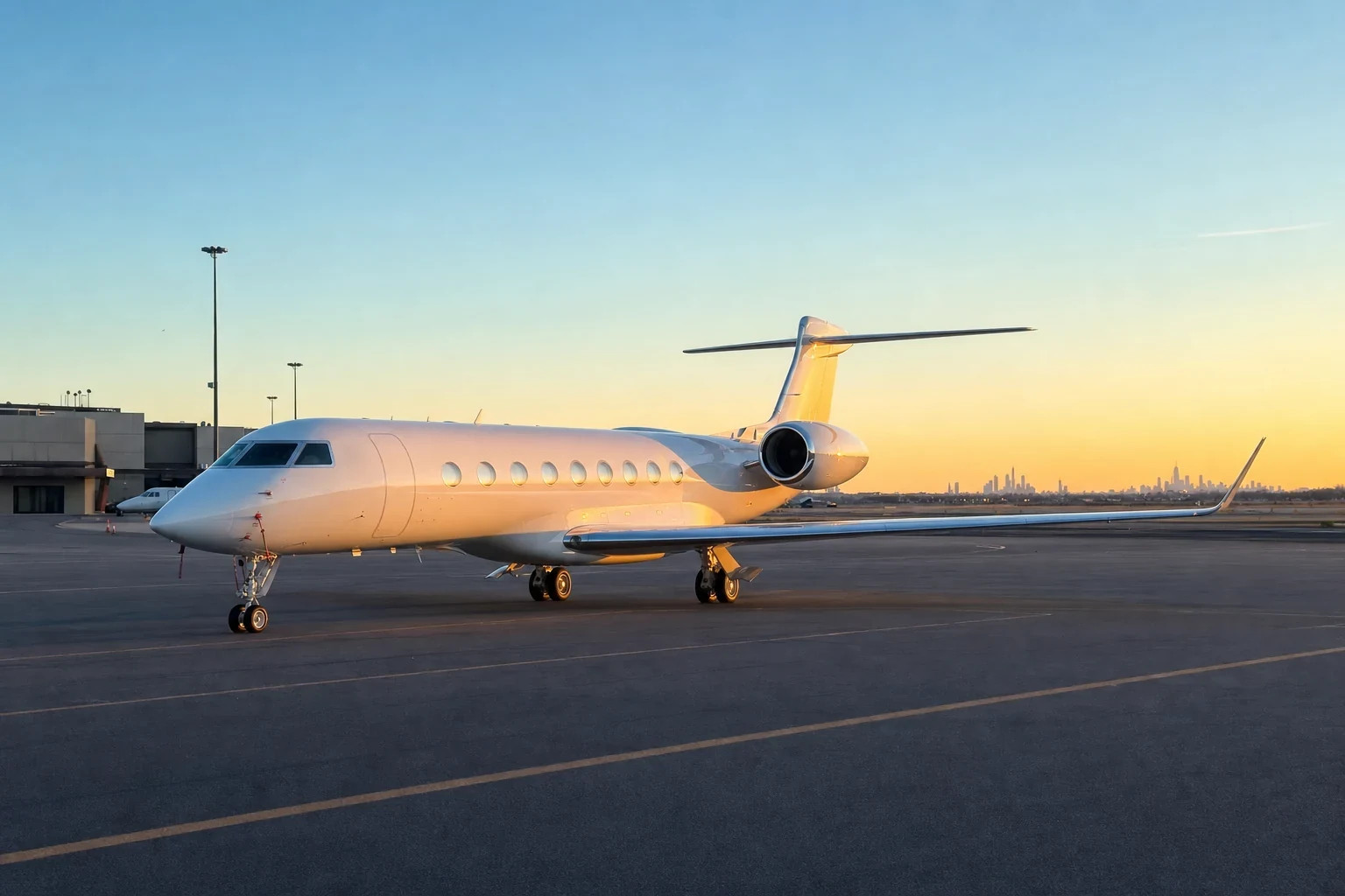 Private jet on the ramp at Teterboro Airport (TEB) at golden hour with the Manhattan skyline beyond