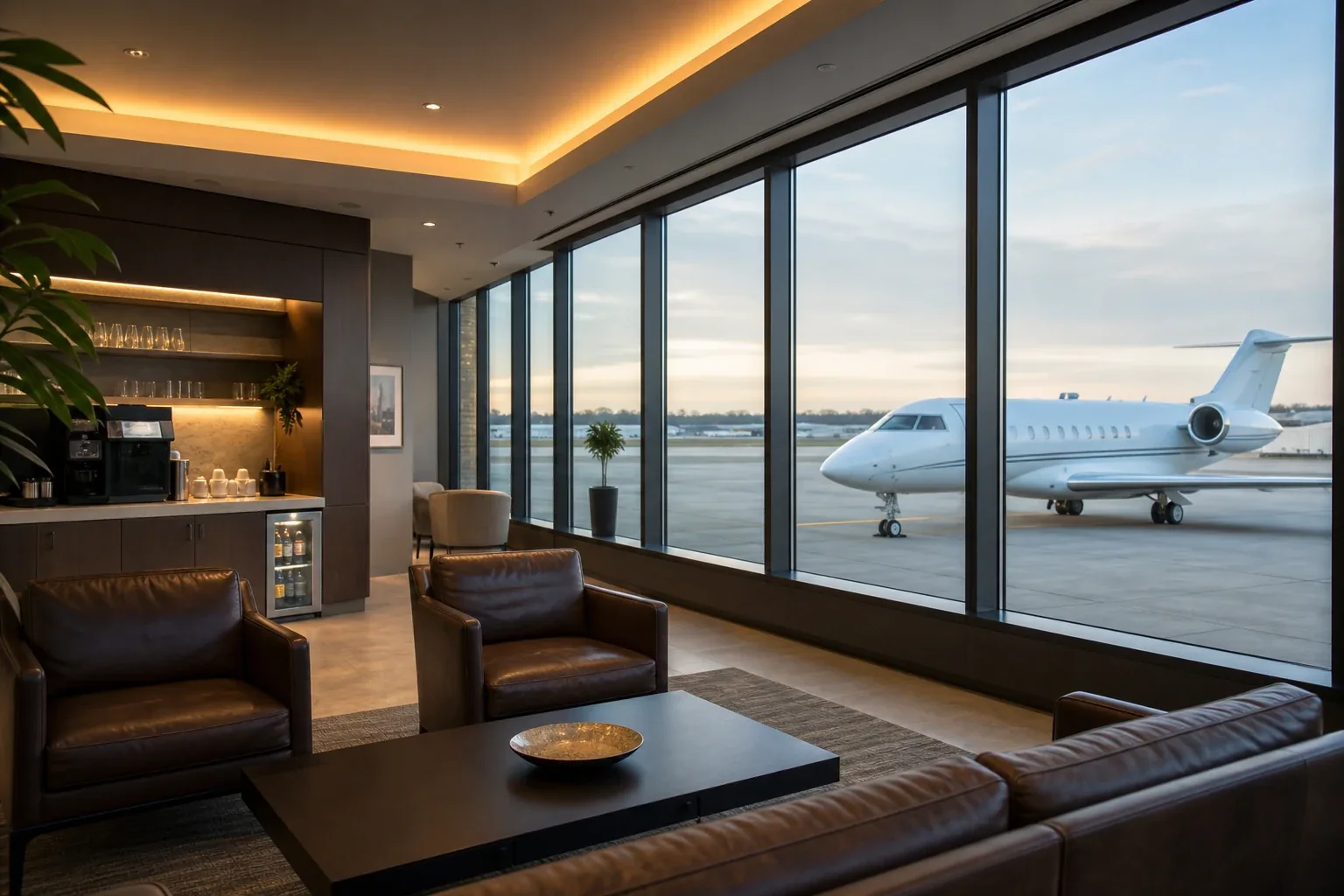 Interior of a private FBO lounge at Teterboro Airport