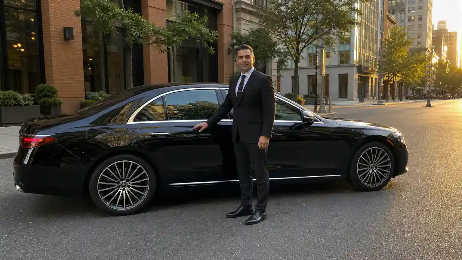 Best car service in NYC chauffeur opening the rear door of a black Mercedes-Benz sedan on a Manhattan street at golden hour