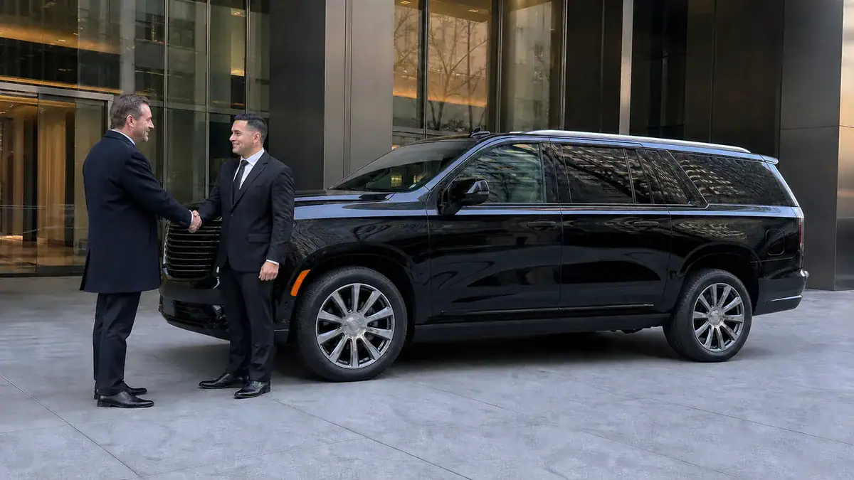 Limo Service NYC 30 Corporate limo service NYC executive entering a black SUV outside a Manhattan office